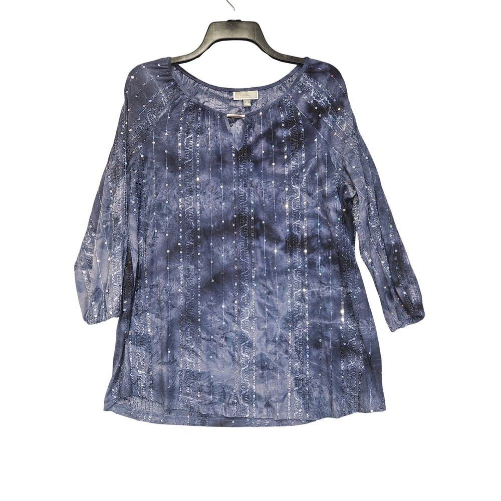 JM Collection Womens Blue Tie Dye Sequin Embroidered Split Neck Tunic Top M